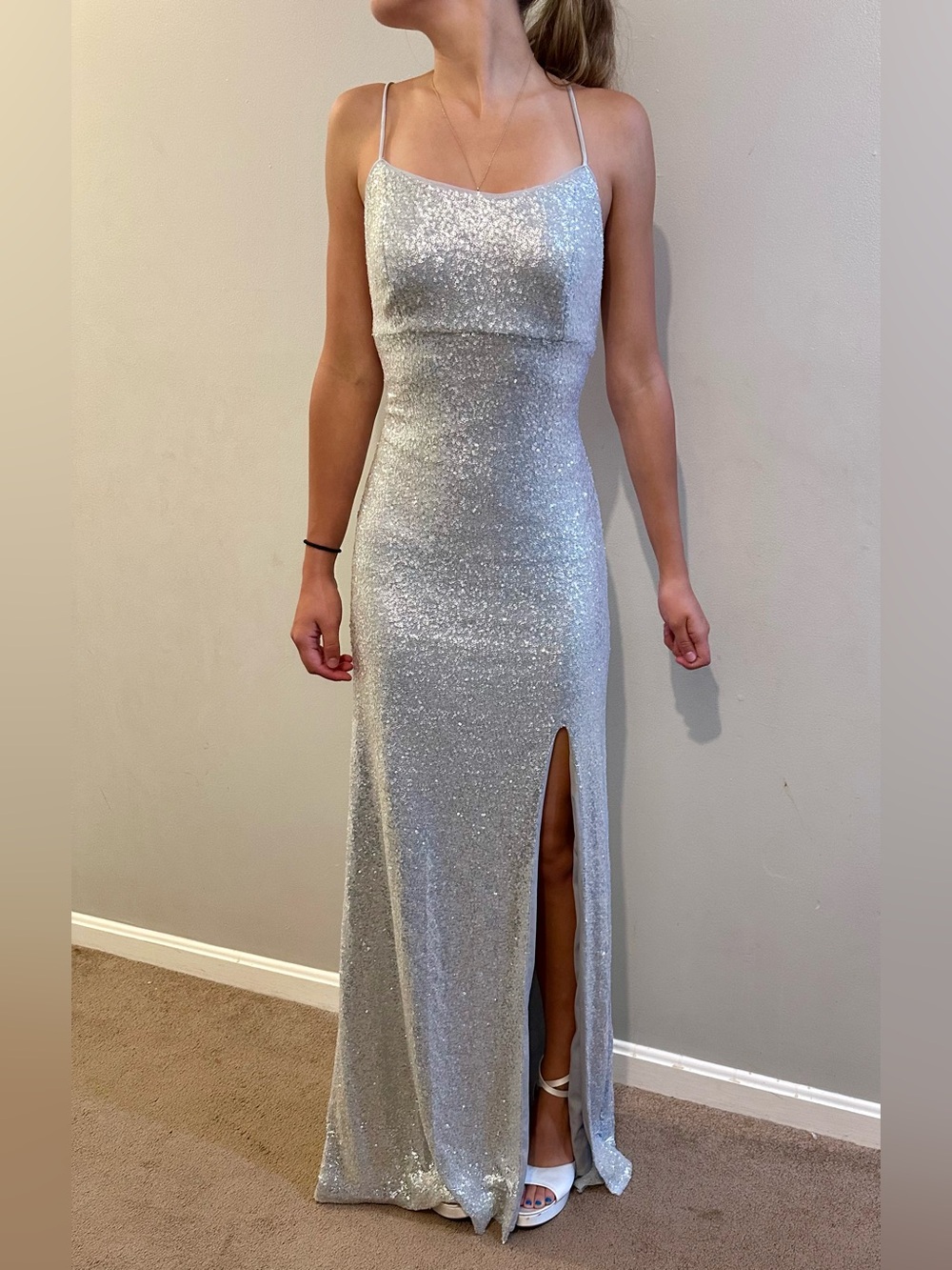 Betsy & Adam Silver Sequin Spaghetti Strap Prom Gown
